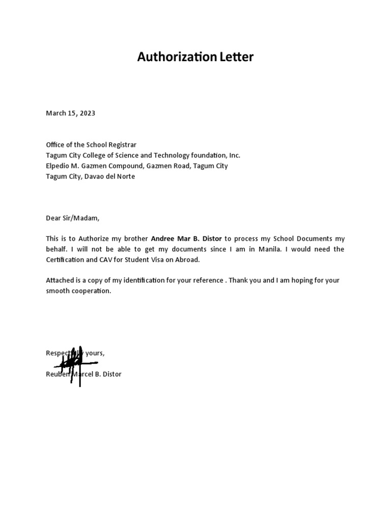 Authorization Letter With Signature | PDF