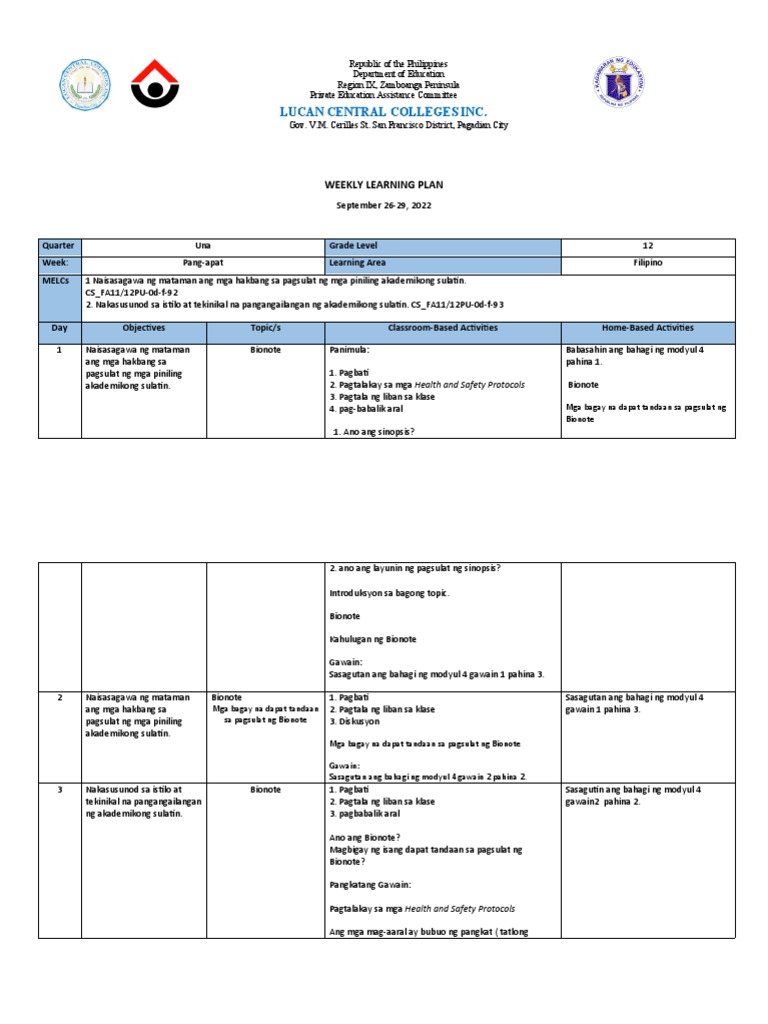 Lucan Central Colleges Inc: Weekly Learning Plan | PDF