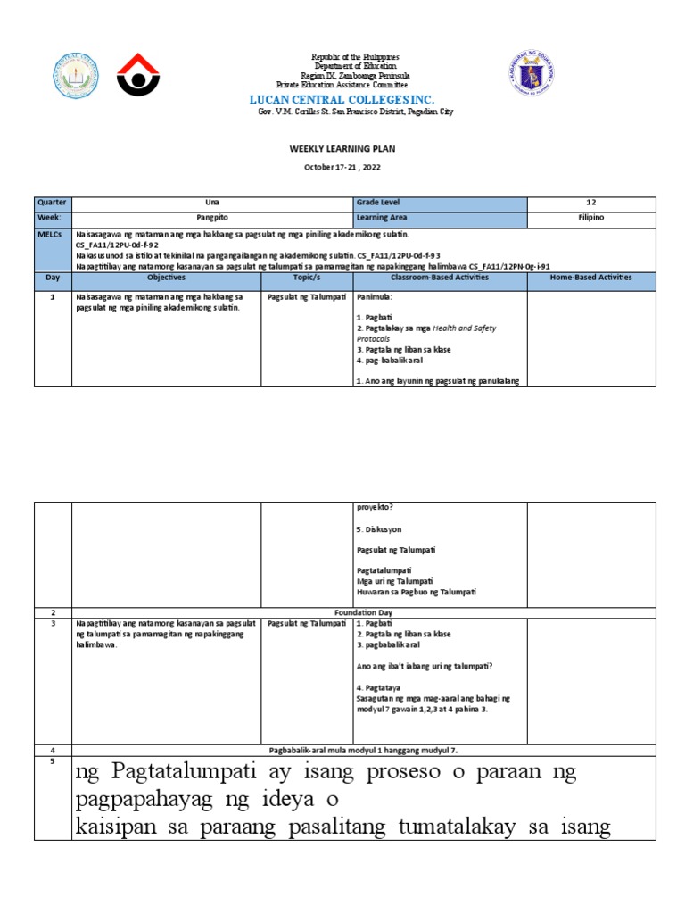Lucan Central Colleges Inc: Weekly Learning Plan | PDF