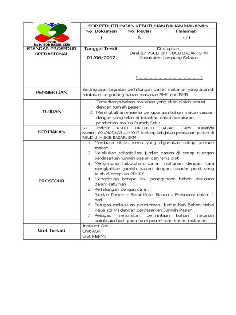 SOP Perhitungan Kebutuhan Bahan Makanan Ke Gudang | PDF