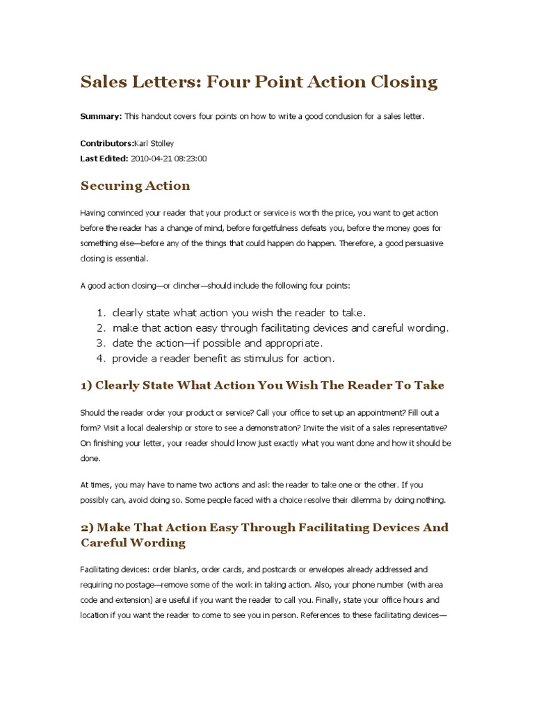 Sales Letters Four Point Action Closing | PDF | Mail | Communication, image size:768x1024