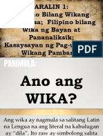 Aralin 1: Filipino Bilang Wikang Pambansa Filipino Bilang Wika NG Bayan at Pananaliksik Kasaysayan NG Pag-Unlad NG Wikang Pambansa
