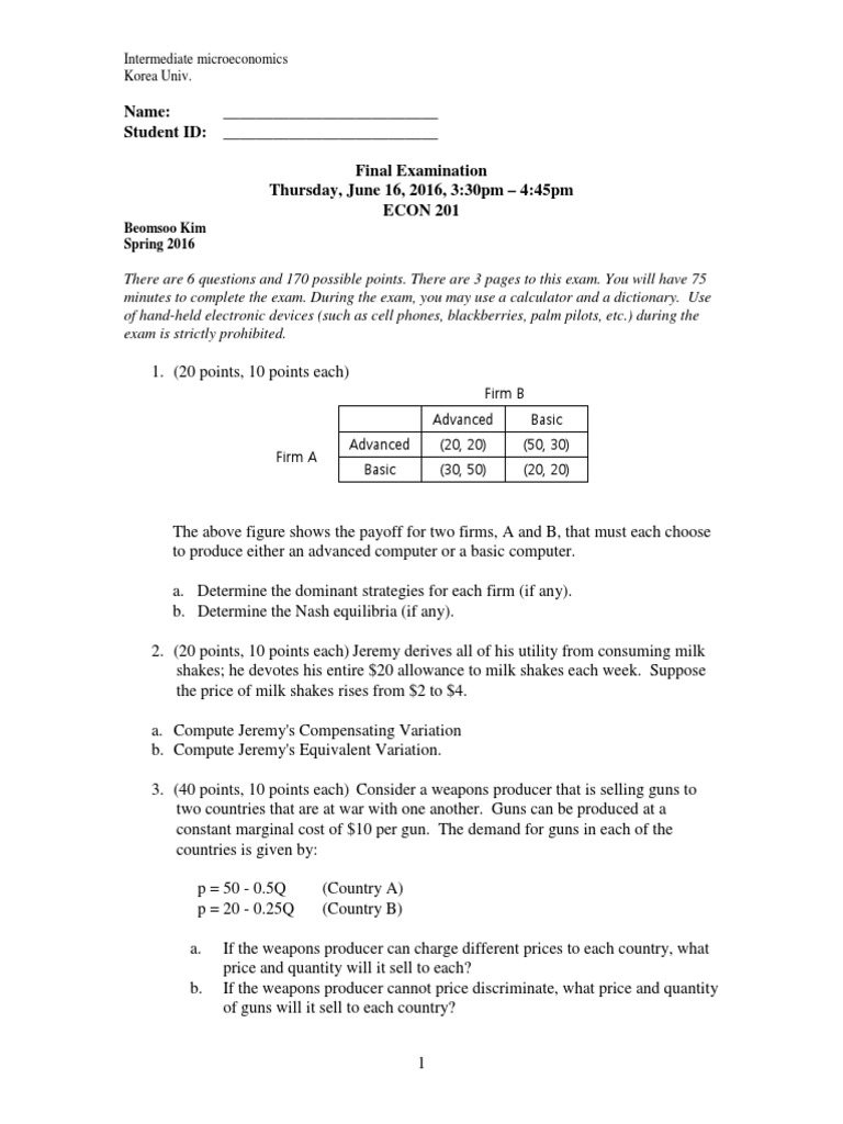 Intermediate Microeconomics Exam Questions | PDF | Demand | Economic ...