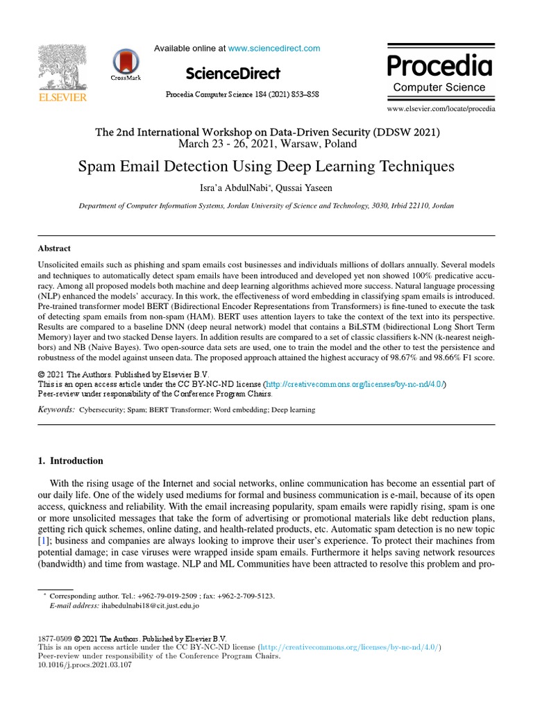 Spam Email Detection Using Deep Learning Techniques | PDF | Deep ...