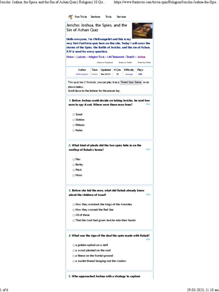 Jericho Joshua, The Spies, and The Sin of Achan Quiz Religion 10