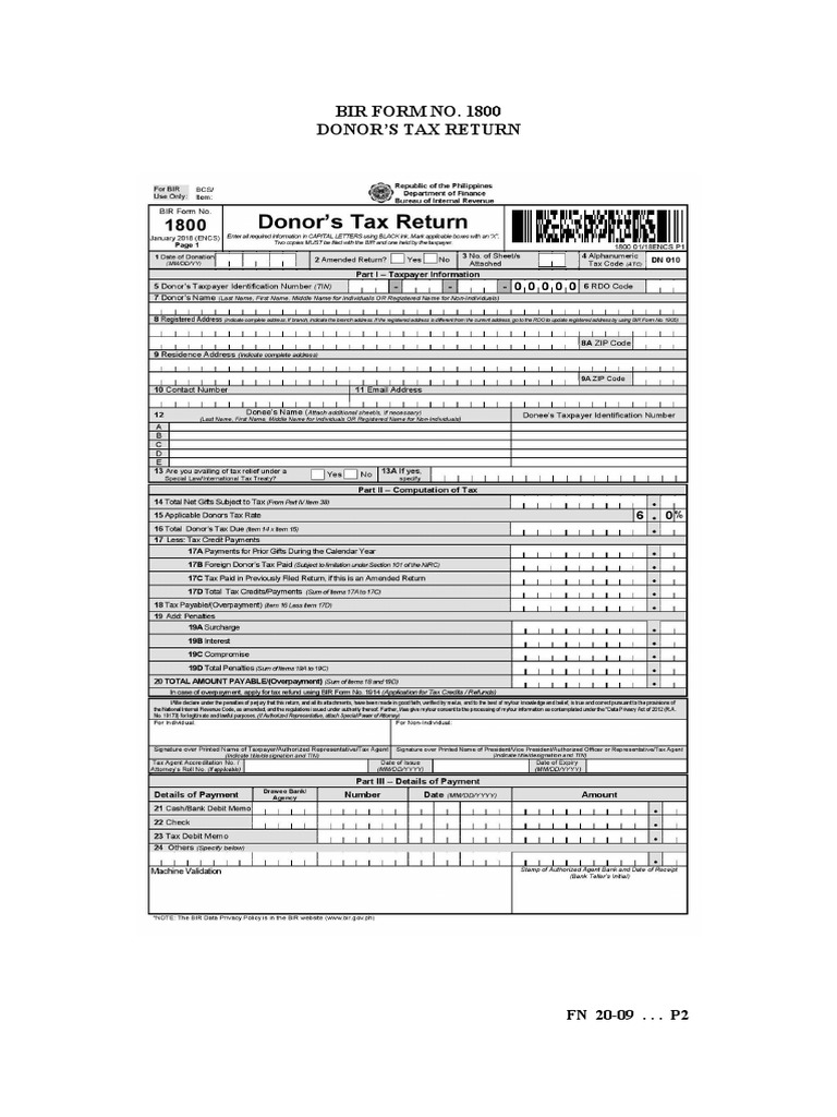 Bir Form 1800 Donor's Tax Return PDF