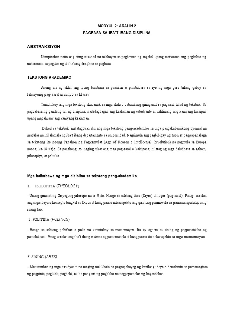 Modyul 2 Aralin 2 Pagbasa Sa Ibat Ibang Disiplina Pdf