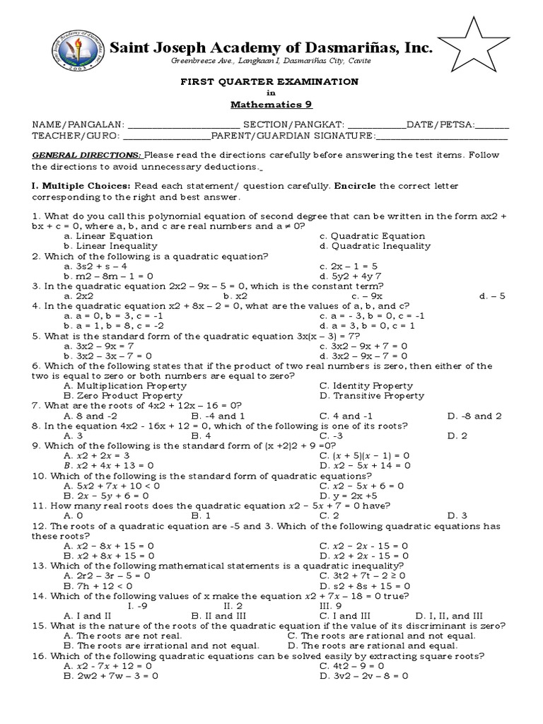 Grade 9 Math First Quarter Exam | PDF | Equations | Quadratic Equation