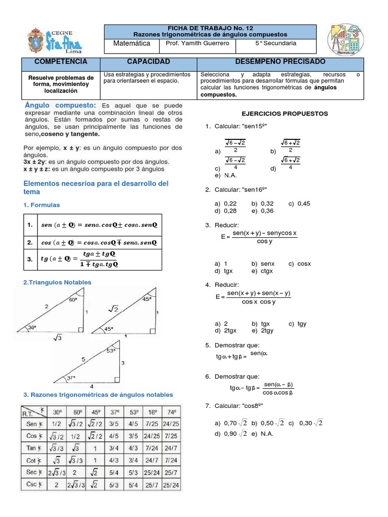 FICHA DE TRABAJO No. 12 R.T. de Ángulos Compuestos | PDF | Funciones ...