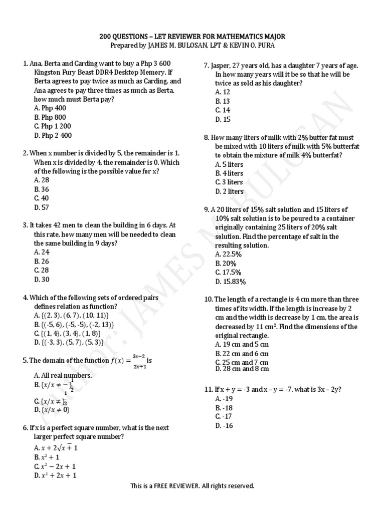 200 questions let reviewer for mathematics major pdf elementary