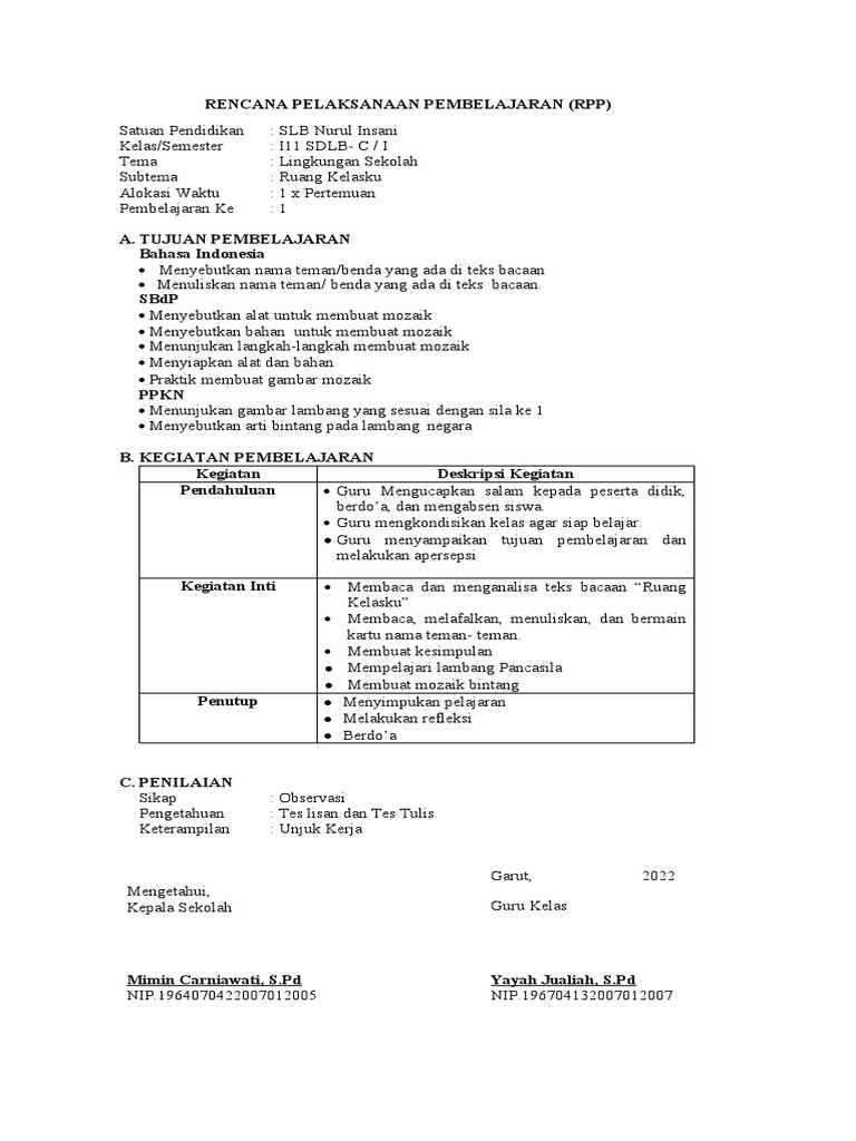 RPP Pembelajaran SLB Kelas 2 SDLB-C | PDF