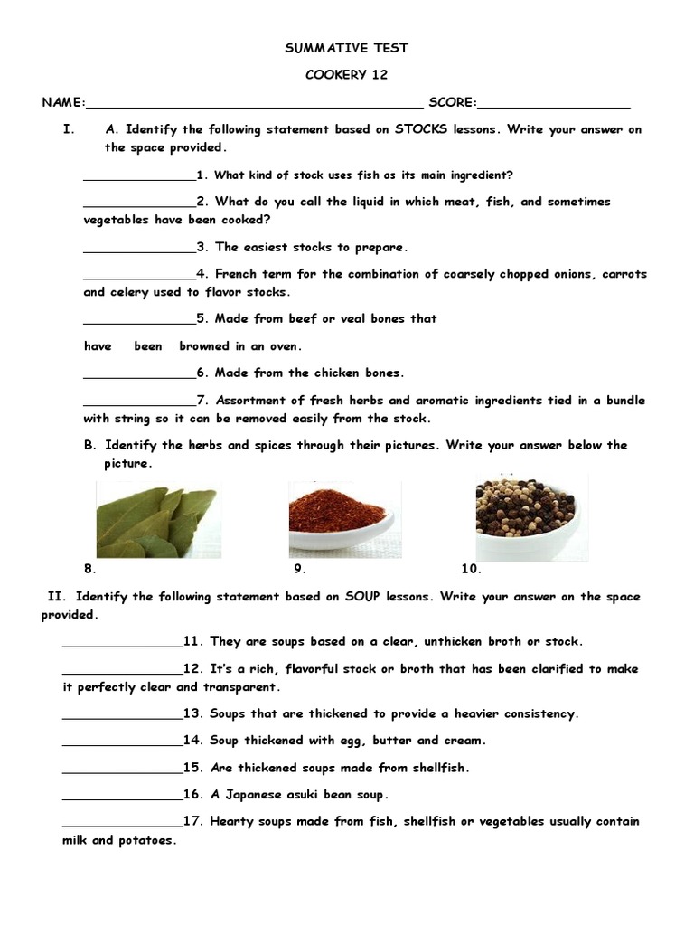 Stocks, Sauces, and Soups Assessment | PDF | Soup | Stock (Food)