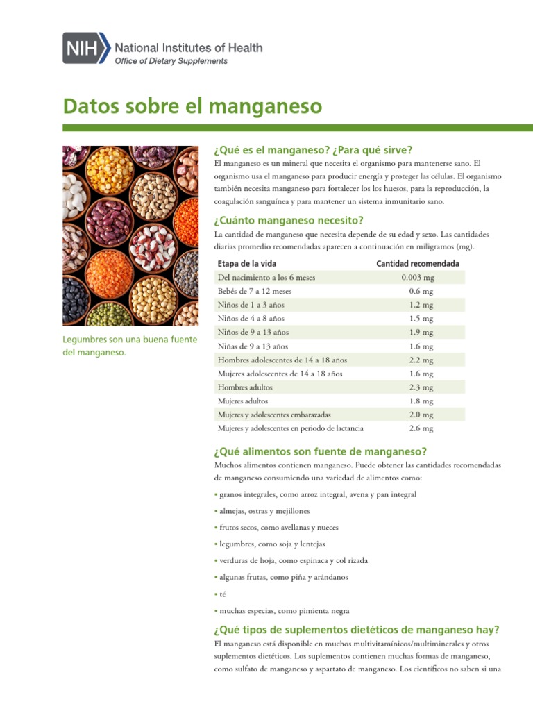 Manganese DatosEnEspanol PDF Dieta Suplementos dietéticos