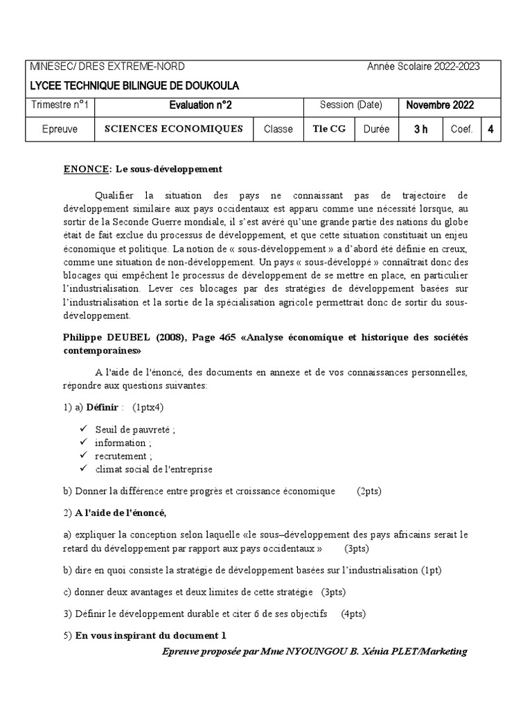 Épreuve de Sciences Économiques Tle CG | PDF | Coût de la vie | Indice ...