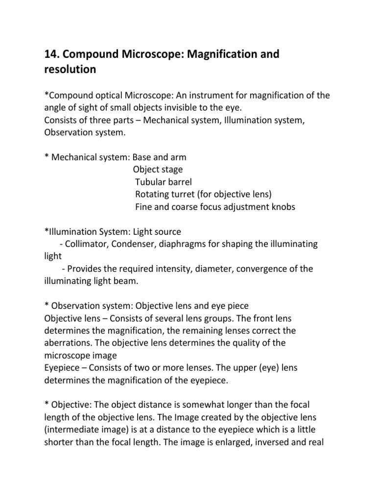 Compound Microscope. Magnification and Resolution. PDF Angular
