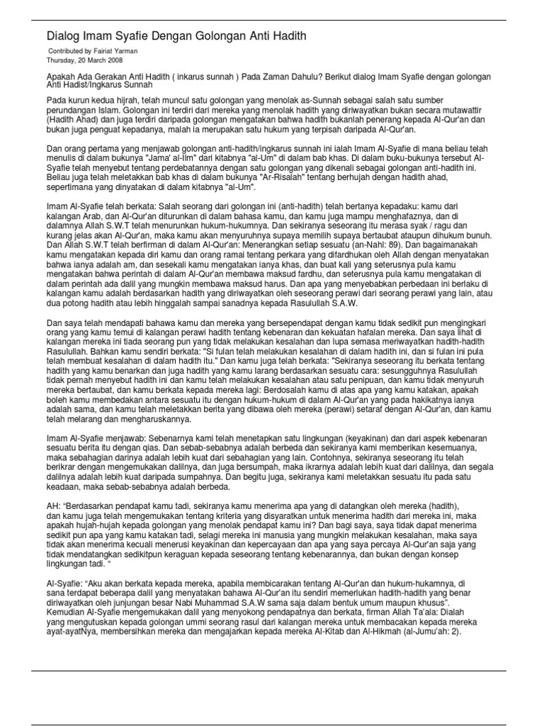 Dialog Imam Syafie Dengan Golongan Anti Hadith Pdf