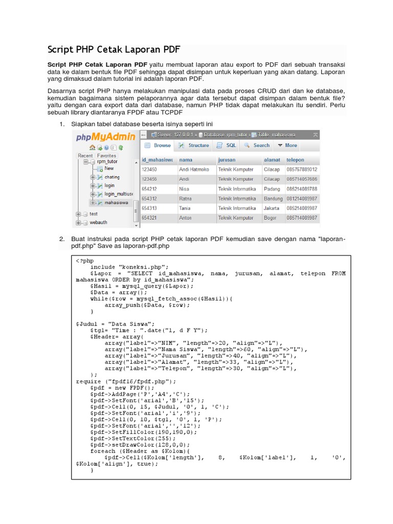 Cetak Laporan PDF dengan PHP | PDF | Metode & Bahan Ajar | Komputer