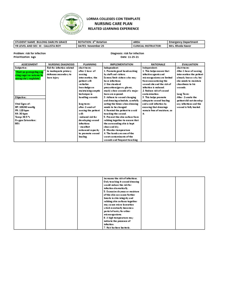 Nursing Care Plan for a Patient at Risk for Infection Due to Burn