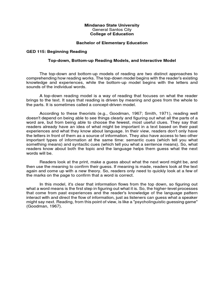 Three Reading Models PDF Top Down And Bottom Up Design Reading Comprehension