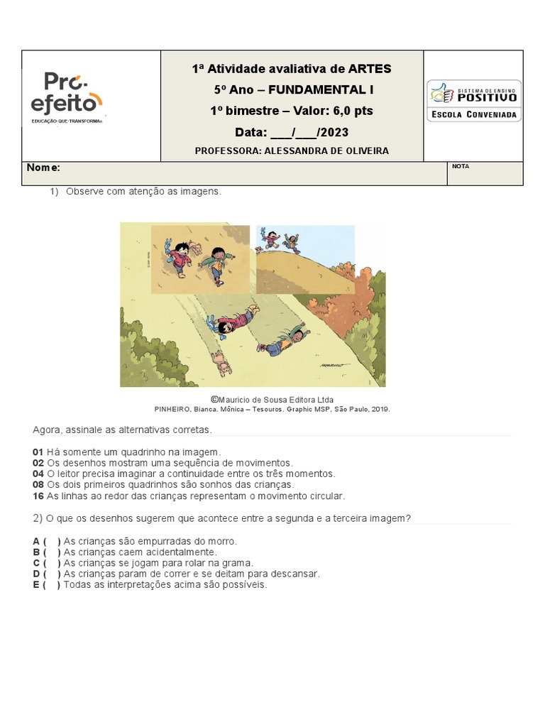 1 Atividade Avaliativa de ARTES 5 ANO 2023 | PDF | Mangá | Quadrinhos