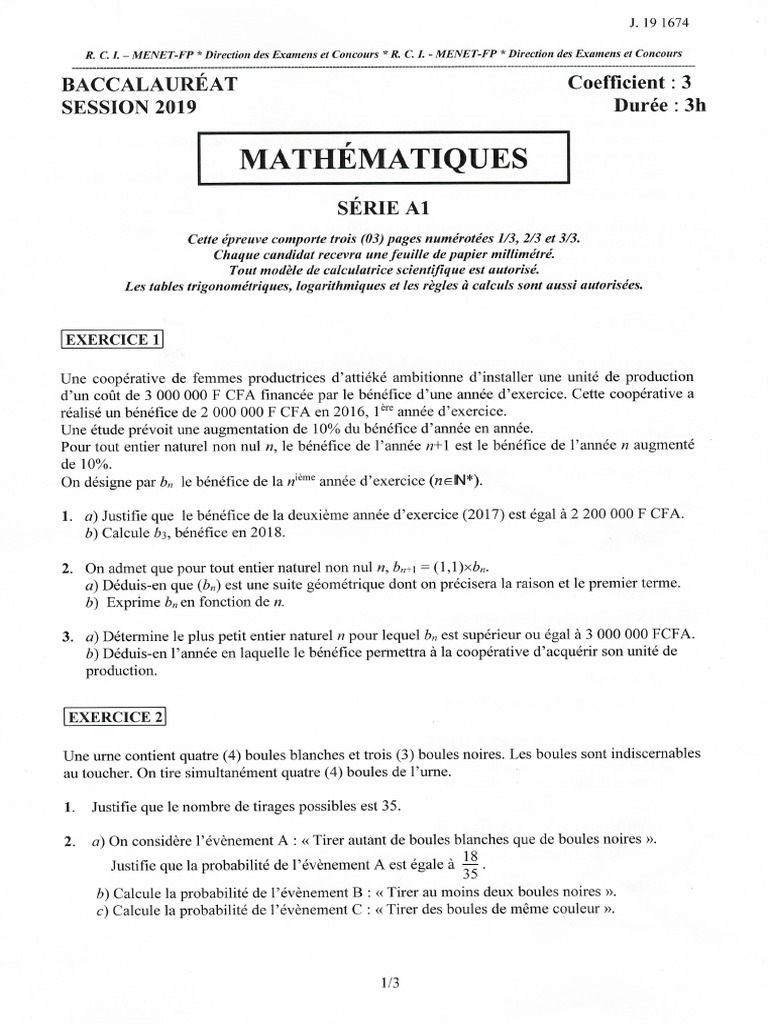 Bac A1 Math 2019 | PDF