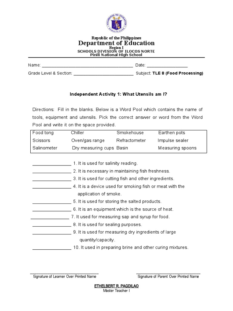 Food Pr0cessing Activity 1 | PDF | Food And Drink | Home