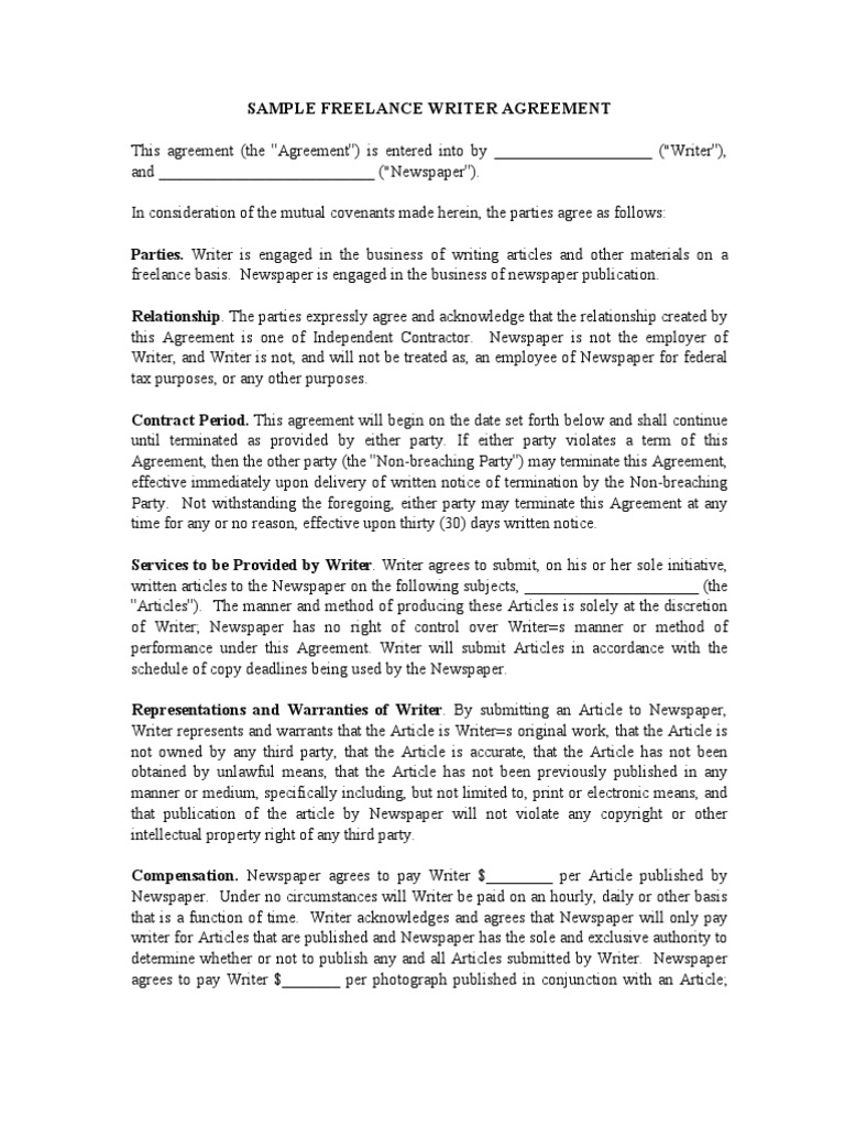 Freelance Writer Agreement Template | PDF | Freelancer | Newspapers