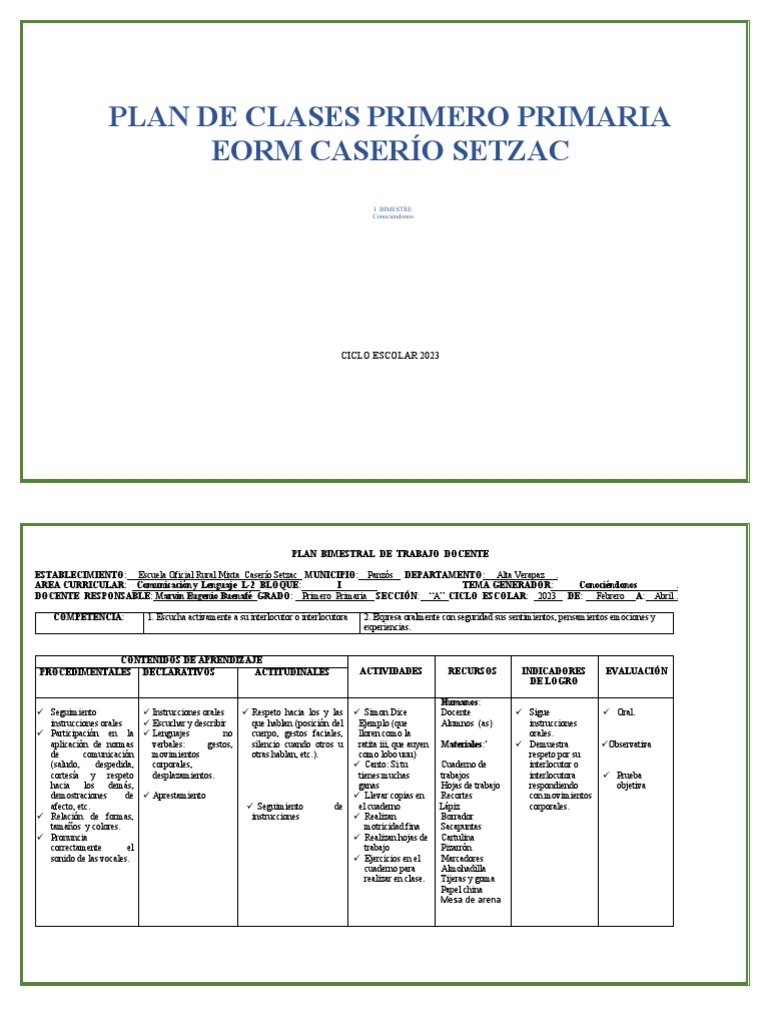 Plan de Clases Primer Grado 2023 | PDF | Entorno natural | Evaluación
