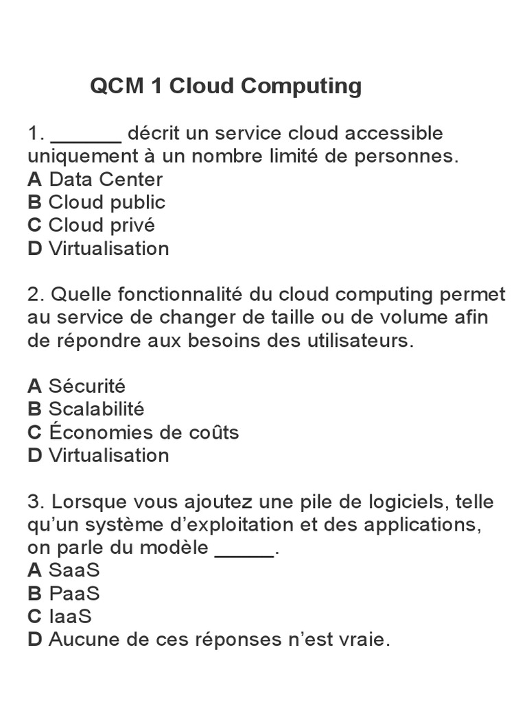 QCM sur le Cloud Computing | PDF | Cloud computing | Logiciel en tant ...