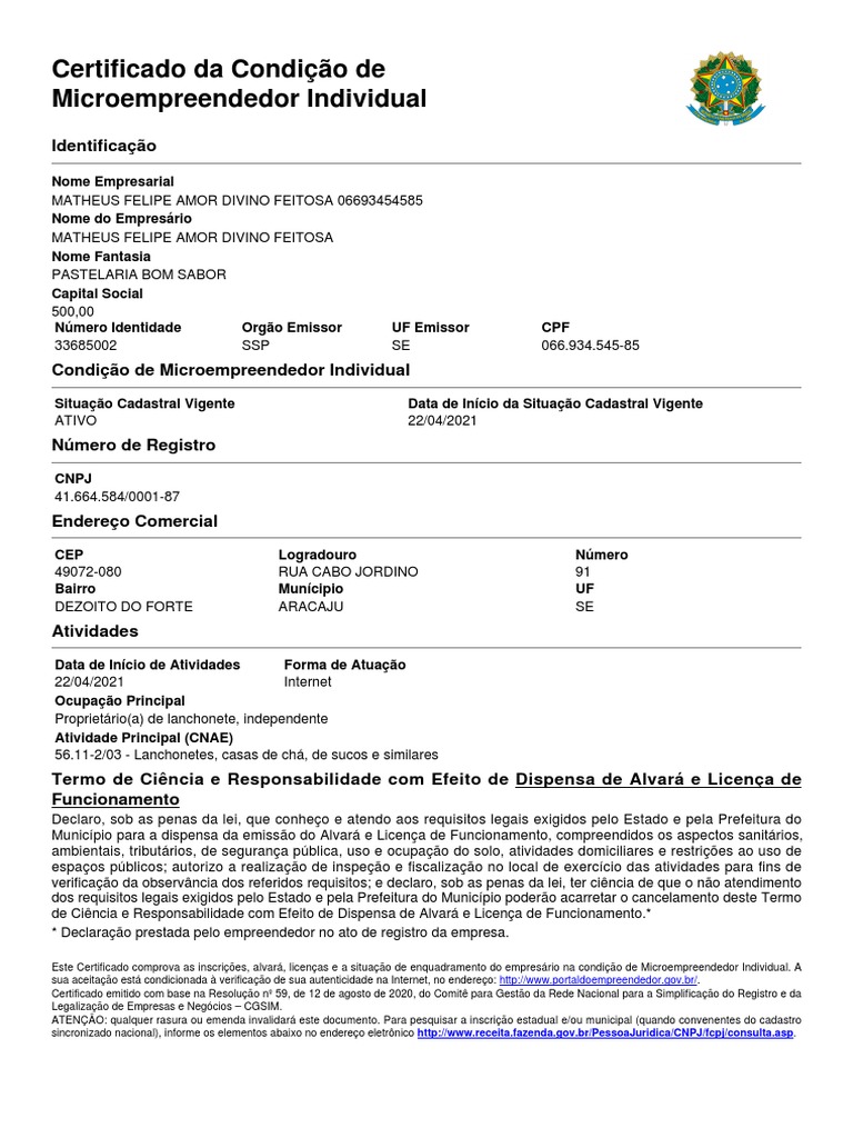Certificado Da Condição de Microempreendedor Individual | PDF