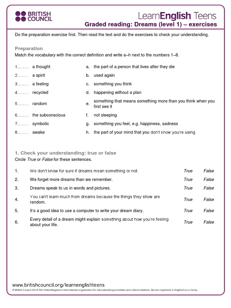 Dream Comprehension Exercises Level 1 | PDF | Dream | Thought