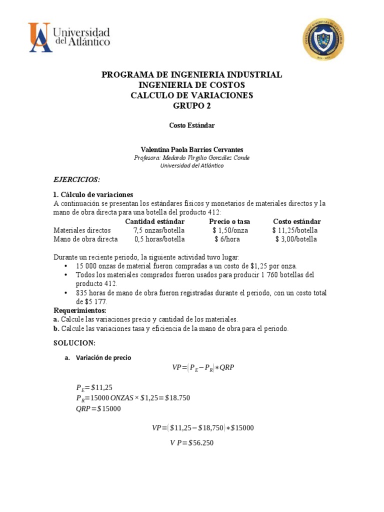 Taller Costo Estandar Pdf Economias Business