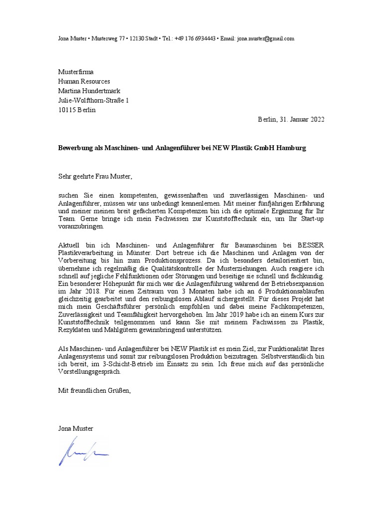 Bewerbungsschreiben Maschinen Und Anlagenfuehrer Maschinenfuehrer | PDF