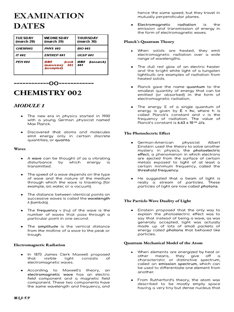 Examination Dates Chemistry 002 PDF Chemical Bond Ion