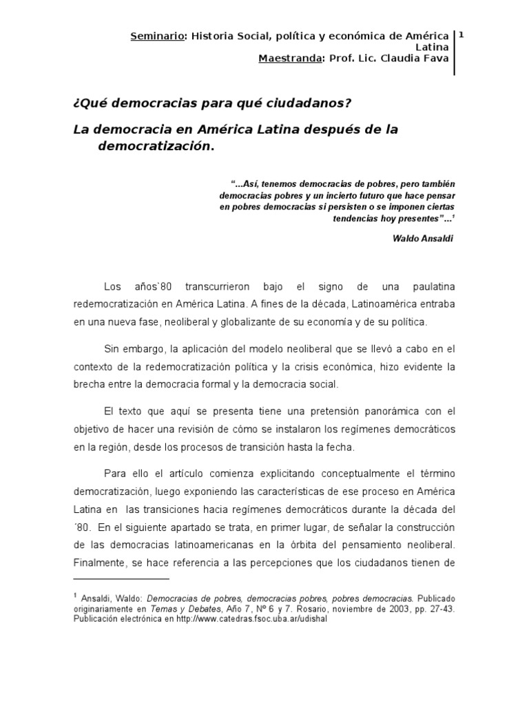 Democracia y Ciudadanía en América Latina | PDF | Consenso de ...