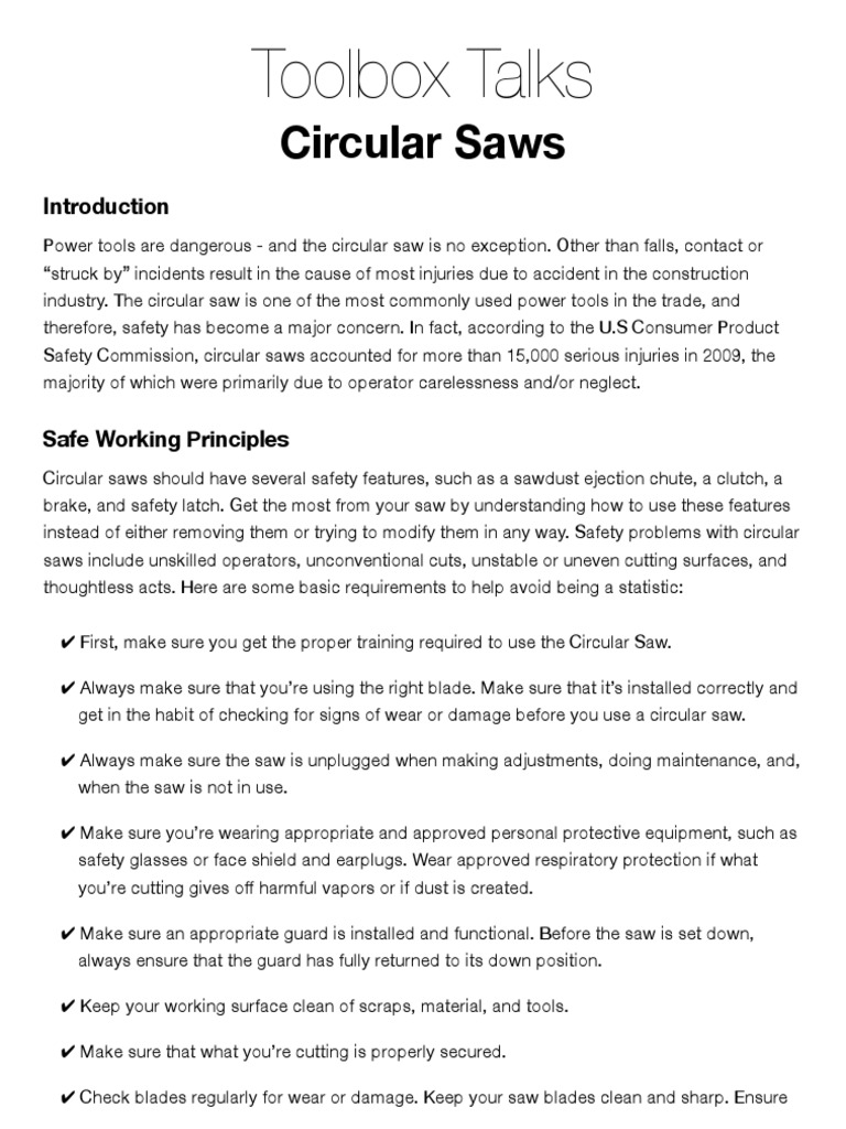 Circular Saws Toolbox Talks PDF Occupational Safety And Health