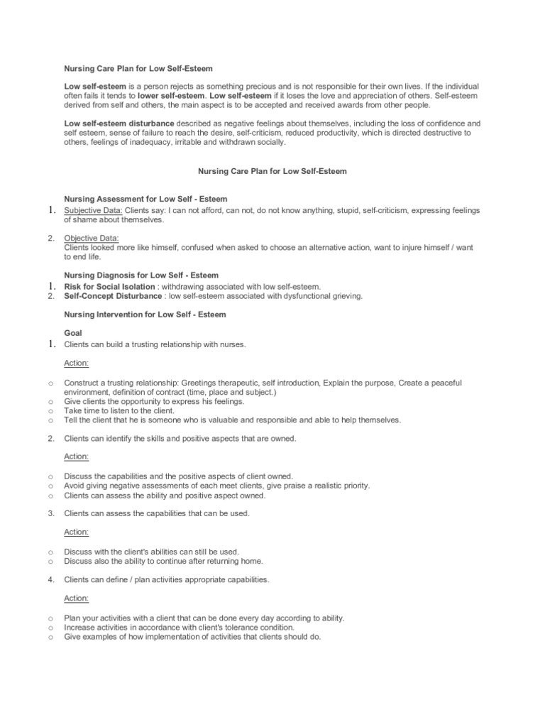 Nursing Care Plan for Low Self-Esteem | PDF | Self | Self Concept