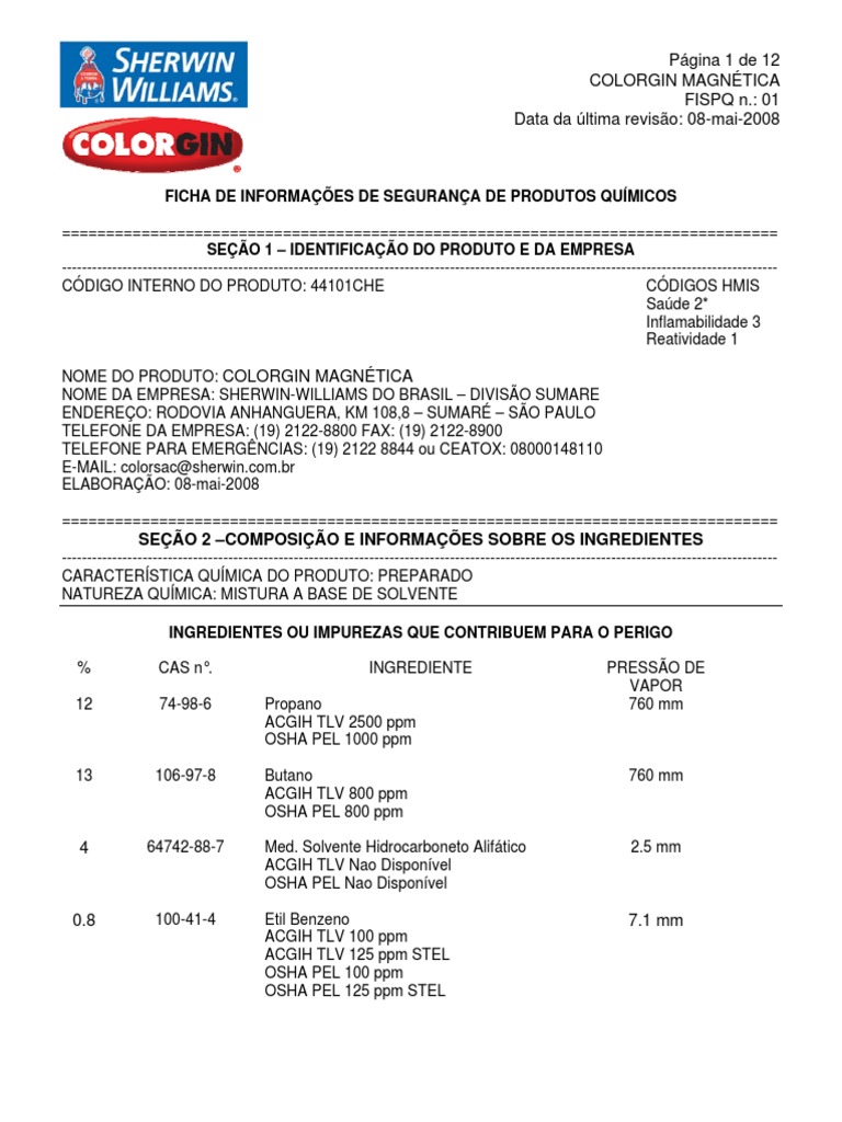 Ficha de Segurança: ColorGin Magnética | PDF