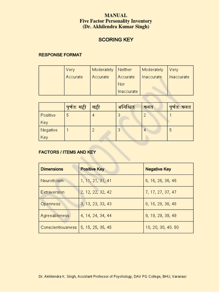 Scoring Key: Manual Five Factor Personality Inventory (Dr. Akhilendra ...