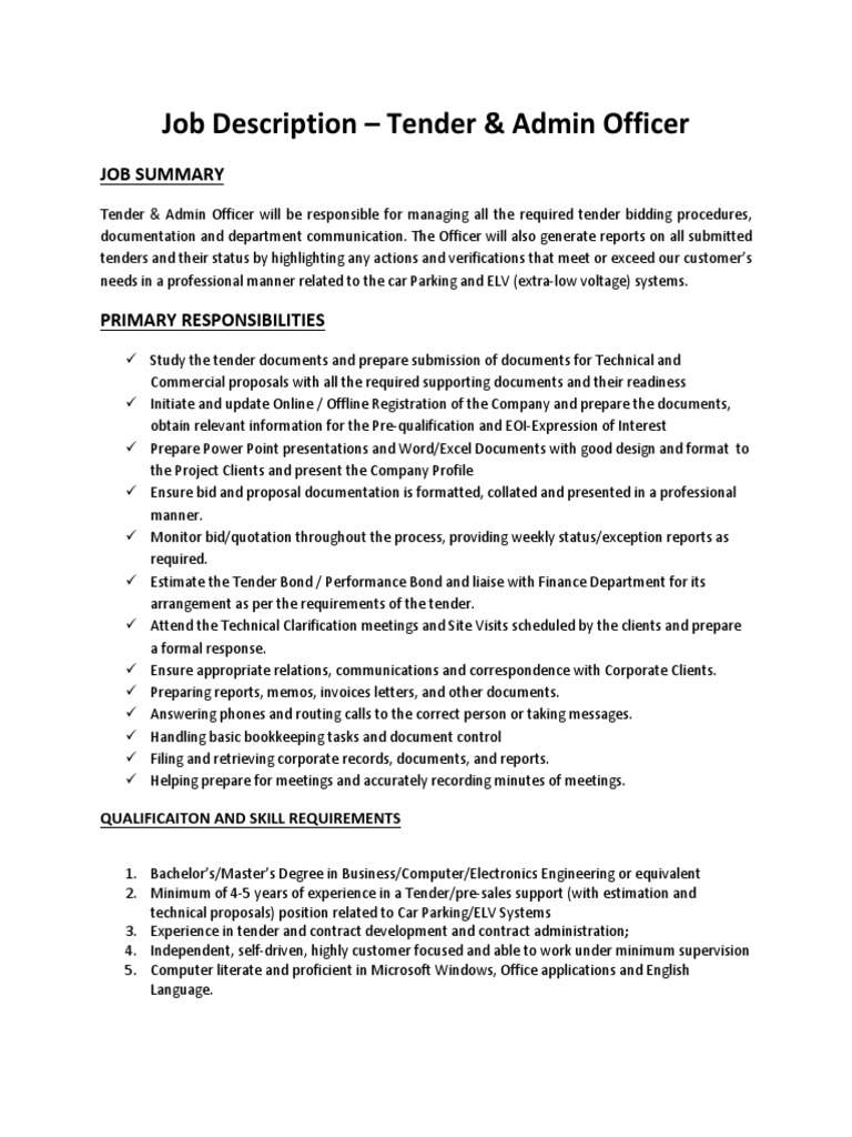 Job Description Tender&Admin Officer PDF Résumé Saudi Arabia