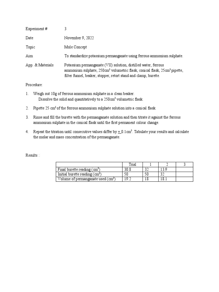 KMnO4 Lab PDF Titration Chemistry
