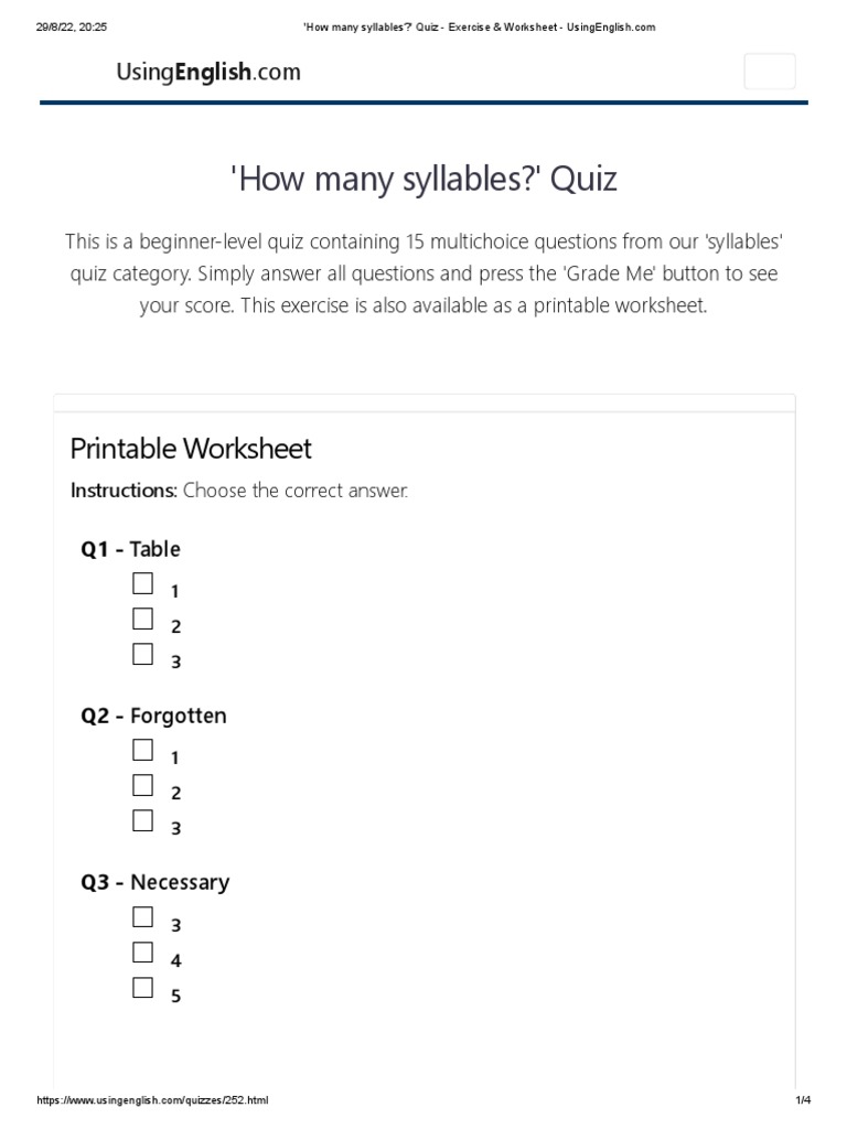 'How Many Syllables ' Quiz Exercise & Worksheet PDF