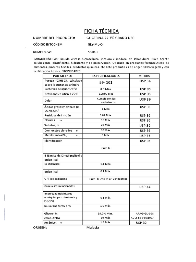 Ficha T cnica De Glicerina USP 99 7 PDF Glicerol Sustancias Qu micas