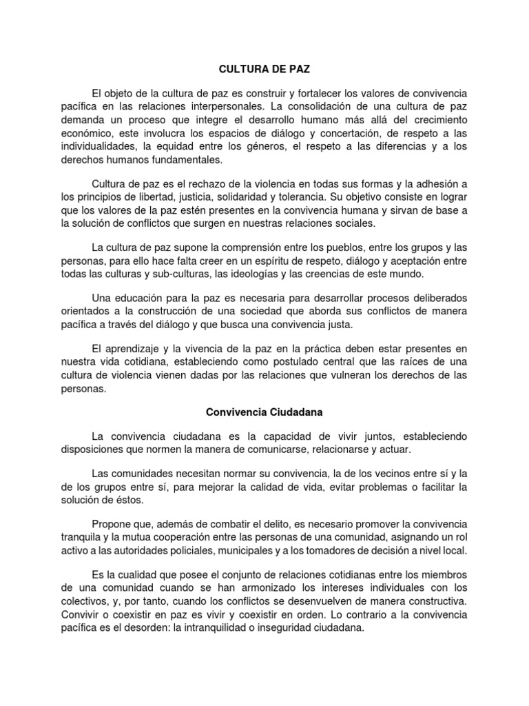 Promoviendo la cultura de paz y la convivencia ciudadana | PDF | Paz ...