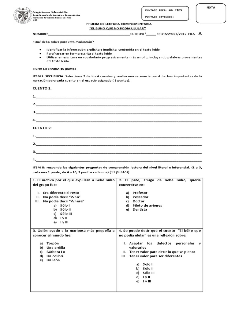 Prueba de Lectura El Búho Que No Podia Ulular | PDF