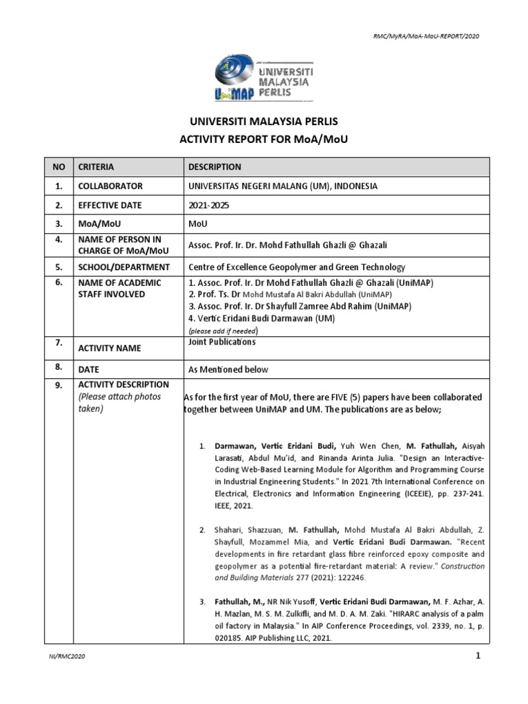 Template MoA MoU Report PDF Physical Sciences Engineering