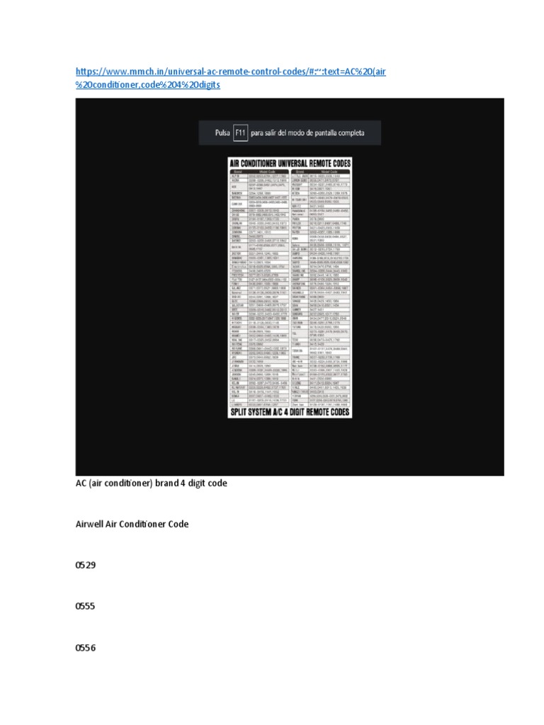 AC códigos de control remoto 4 dígitos PDF Electrodoméstico Empresas