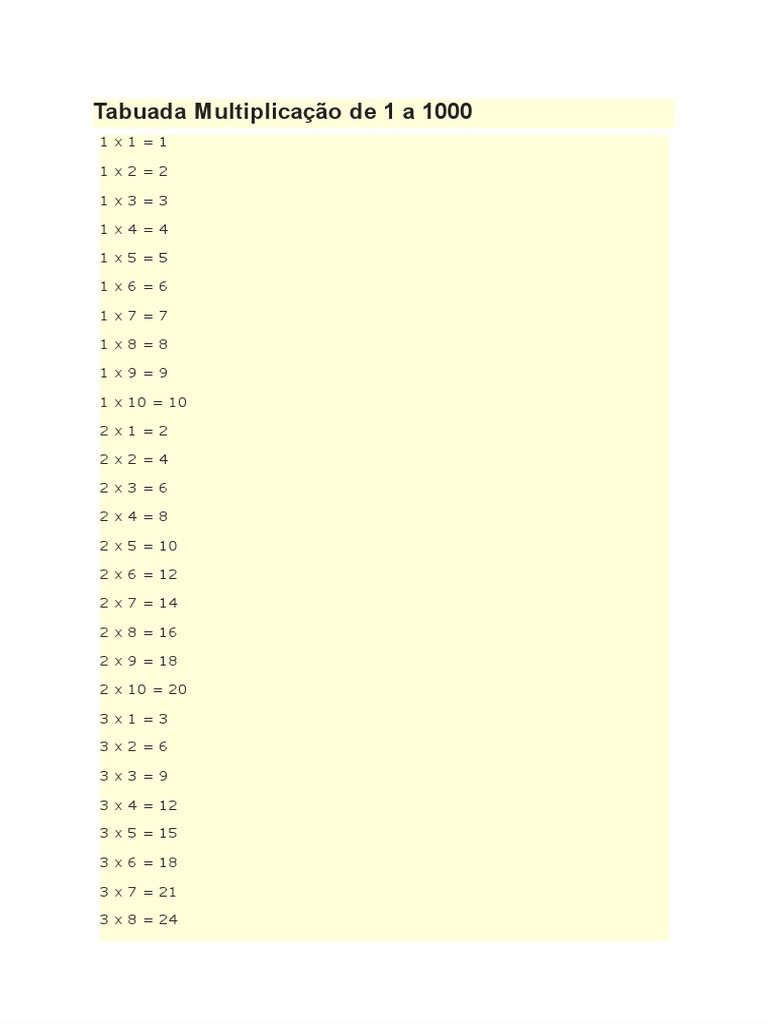 Tabuada Multiplicação de 1 A 1000 | PDF