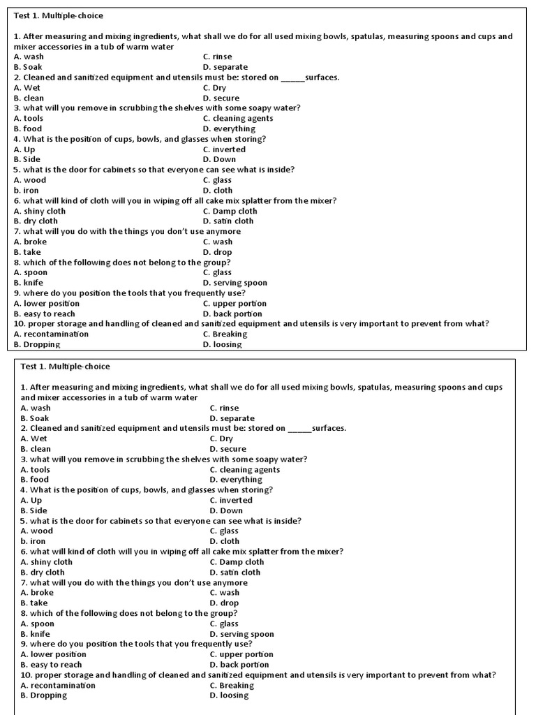 Quiz Cleaning and Sanitizing Utensils Download Free PDF Spoon