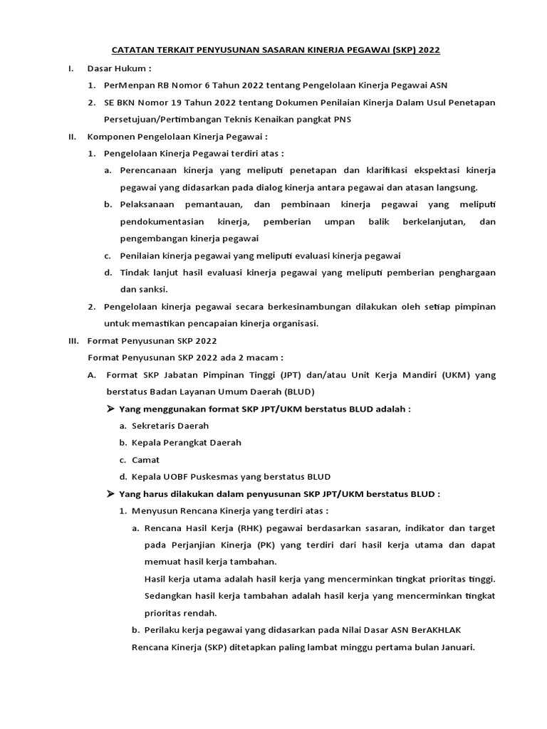 Catatan Terkait Format Penyusunan SKP 2022 | PDF